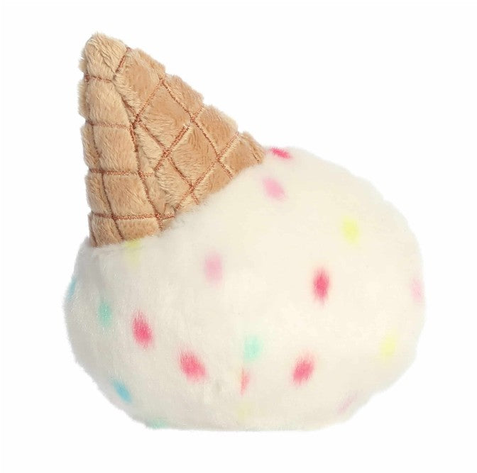 The Aurora 5" Sprinkle Ice Cream Palm Pals plush features a scoop of vanilla ice cream with colorful sprinkles and a textured brown waffle cone on top, making this collectible stuffed toy a delightful addition to any collection. Shown against a white background.