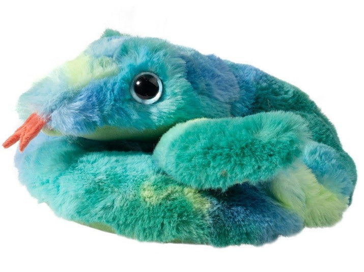 The Douglas Pretzel Snake is a soft, plush stuffed animal with blue, green, and yellow fur, a coiled body, big shiny black eyes, and a red felt tongue sticking out.
