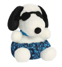 Aurora’s 5" Surfer Palm Pals features a plush Snoopy toy sitting upright, sporting black sunglasses, blue Hawaiian-print shorts, and finished with classic black ears and a black nose—making this adorable plush the perfect beach companion for any Snoopy fan.