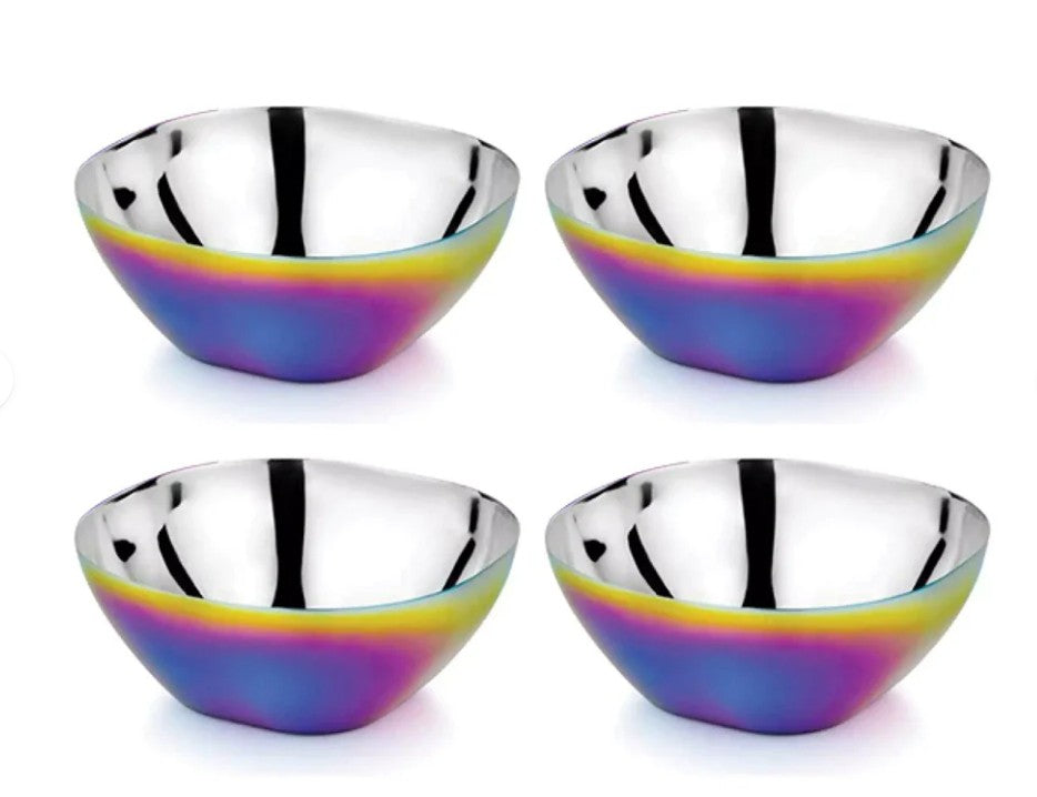 Four ahimsa Rainbow Smart Snacking Bowls (12 oz) are arranged in a 2x2 grid. The pack features stainless steel bowls with shiny silver interiors and iridescent blue, purple, and yellow exteriors, perfect for toddlers.