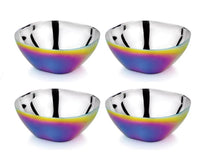 Four ahimsa Rainbow Smart Snacking Bowls (12 oz) are arranged in a 2x2 grid. The pack features stainless steel bowls with shiny silver interiors and iridescent blue, purple, and yellow exteriors, perfect for toddlers.