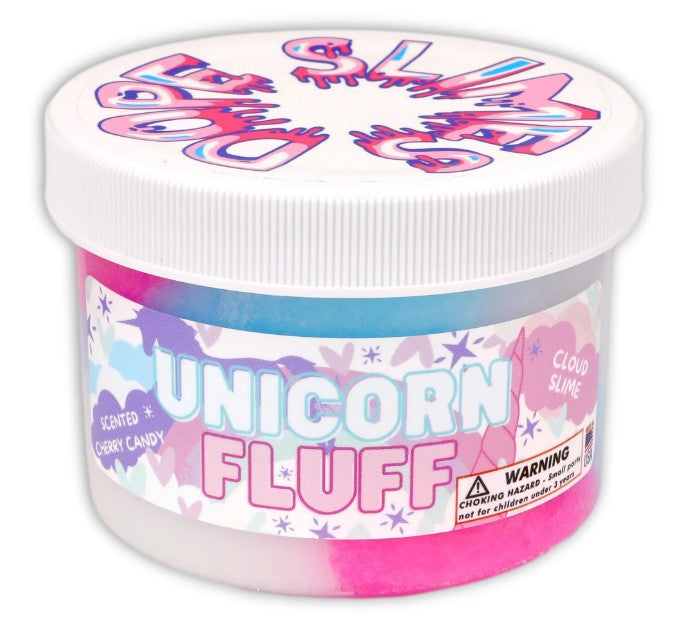A plastic tub labeled “Dope Slime Unicorn Fluff” by Dope Slime contains colorful cloud slime in blue, white, and pink. Perfect for sensory play, this fluffy slime features playful pastel designs on the lid and label. A warning notes it is not for children under 3 years.