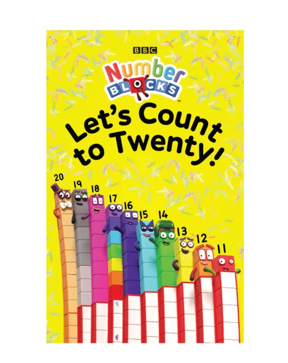Cheerful yellow poster with cartoon Numberblocks 12–20 in a row and “Let’s Count to Twenty!” text above, plus BBC Numberblocks logo. Ideal for use with Yoto Sing with Numberblocks by Yoto or other educational songs.