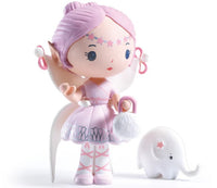The DJECO Tinyly Elfe & Bolero set features a pink-haired fairy doll named Elfe, who has wings and a star on her forehead, standing next to Bolero, a small white elephant adorned with a pink star. Part of the collectible Tinyly figure collection by DJECO, Elfe wears a pink dress, ballet shoes, and carries a fluffy purse.