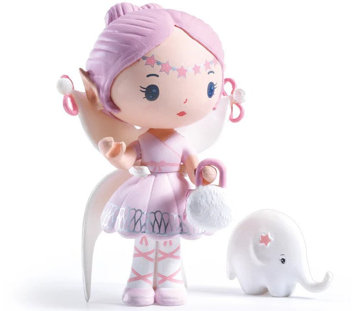 The DJECO Tinyly Elfe & Bolero set features a pink-haired fairy doll named Elfe, who has wings and a star on her forehead, standing next to Bolero, a small white elephant adorned with a pink star. Part of the collectible Tinyly figure collection by DJECO, Elfe wears a pink dress, ballet shoes, and carries a fluffy purse.