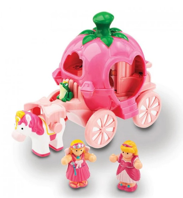 Pippas Princess Carriage by Smart Toys features a pumpkin-shaped pink carriage led by a unicorn, with a green frog inside and two princess figurines in colorful dresses—perfect for imaginative and magical role-play fun.