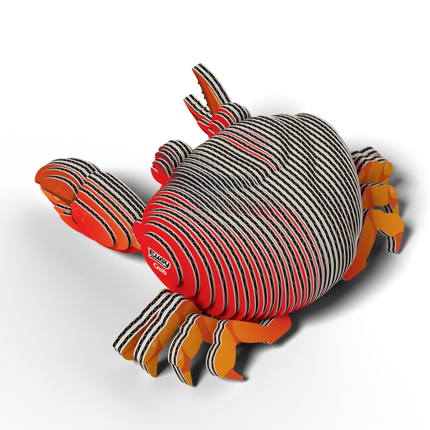 The EUGY Crab 3D Puzzle by Eugy is an eco-friendly toy crafted from layered, striped pieces in red, black, white, and orange. Its unique 3D design creates a striking effect on a white background, making it perfect for STEM craft activities.