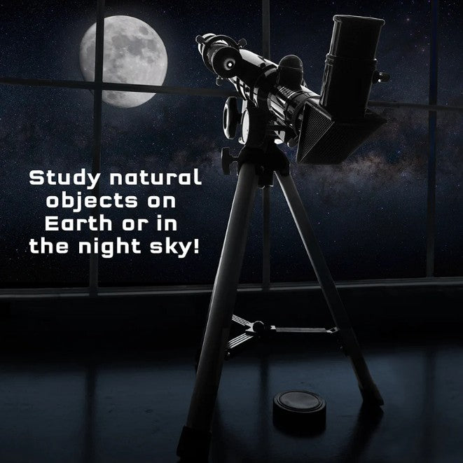 A Thames & Kosmos Telescope stands by a window at night with the full moon and stars outside. Text: Explore Earth or the night sky—The Thames & Kosmos Telescope is perfect for STEM learning!.