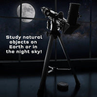 A Thames & Kosmos Telescope stands by a window at night with the full moon and stars outside. Text: Explore Earth or the night sky—The Thames & Kosmos Telescope is perfect for STEM learning!.