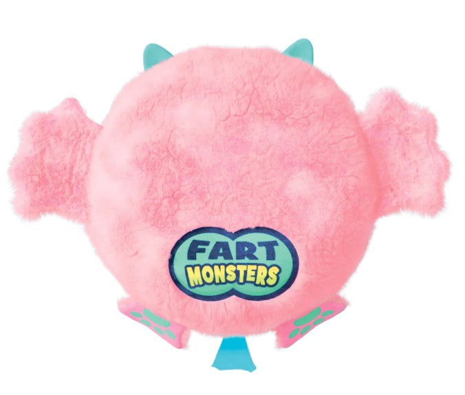 Meet the 10" Fart Monsters: Squeeky (Bubblegum Scent) by Scentco—a round, fluffy pink plush with teal horns and paws, playful “Fart Monsters” labeling on the back, and two fuzzy wings on its sides. This cuddly toy is delightfully bubblegum scented for an extra sweet touch!.