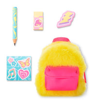 Moose Toys - Real Littles Charms Backpacks by Toysmith features a yellow fuzzy backpack with a pink pocket, accompanied by a blue pencil, eraser, music and butterfly design stickers, and a lightning bolt magnet—an ideal collection of delightful miniature surprises for fans of charms backpacks and mini backpack collectibles.