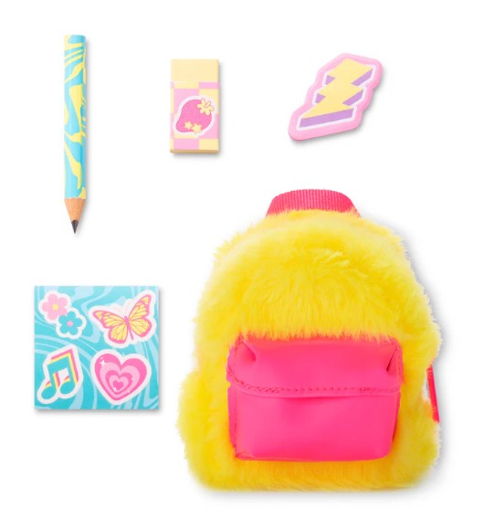 Moose Toys - Real Littles Charms Backpacks by Toysmith features a yellow fuzzy backpack with a pink pocket, accompanied by a blue pencil, eraser, music and butterfly design stickers, and a lightning bolt magnet—an ideal collection of delightful miniature surprises for fans of charms backpacks and mini backpack collectibles.