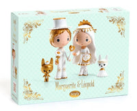 The DJECO Tinyly Marguerite & Leopold set features wedding-themed dolls accompanied by charming animal figures, all beautifully presented in a white and gold box adorned with floral accents. Ideal for imaginative play as a Tinyly figurine or as a delightful miniature collectible, with the DJECO brand displayed on the front.