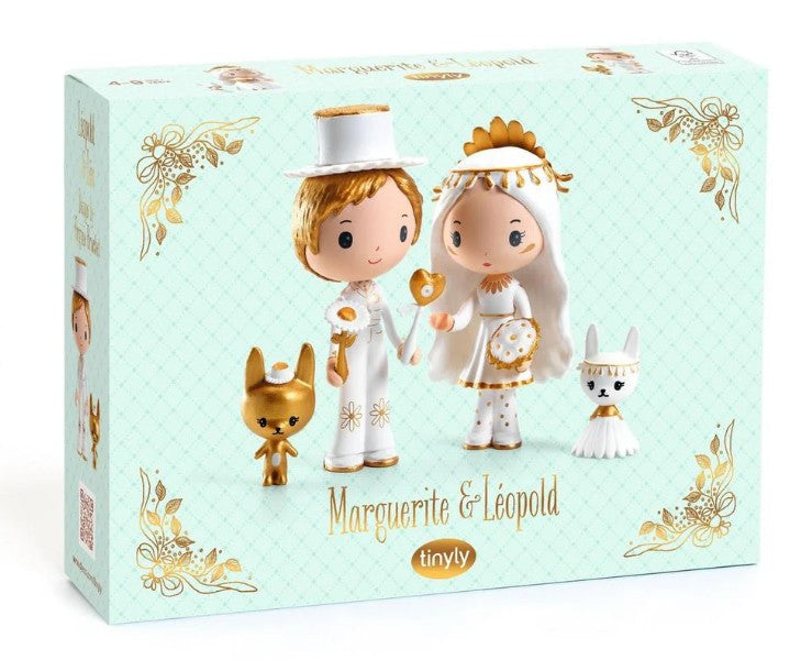 The DJECO Tinyly Marguerite & Leopold set features wedding-themed dolls accompanied by charming animal figures, all beautifully presented in a white and gold box adorned with floral accents. Ideal for imaginative play as a Tinyly figurine or as a delightful miniature collectible, with the DJECO brand displayed on the front.