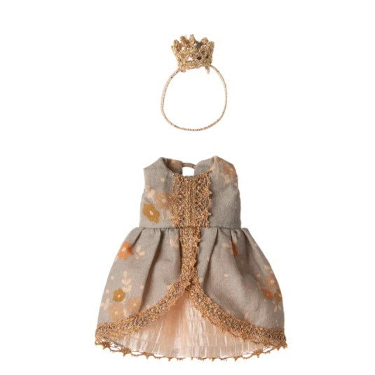 The Maileg Princess dress for Big Sister Mouse by Maileg features an elegant gray design with gold trim and delicate floral patterns, perfect for pretend play. It comes paired with a matching gold crown headband and is ideal for dressing up your Big Sister Mouse, shown on a white background.
