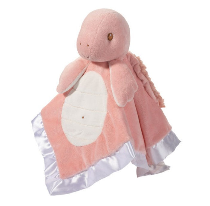 The Douglas Sailor Pink Turtle Lil Snuggler features a plush turtle with a soft, rounded body and white belly attached to a satin-edged security blanket, making it an ideal comforting lovey for children.