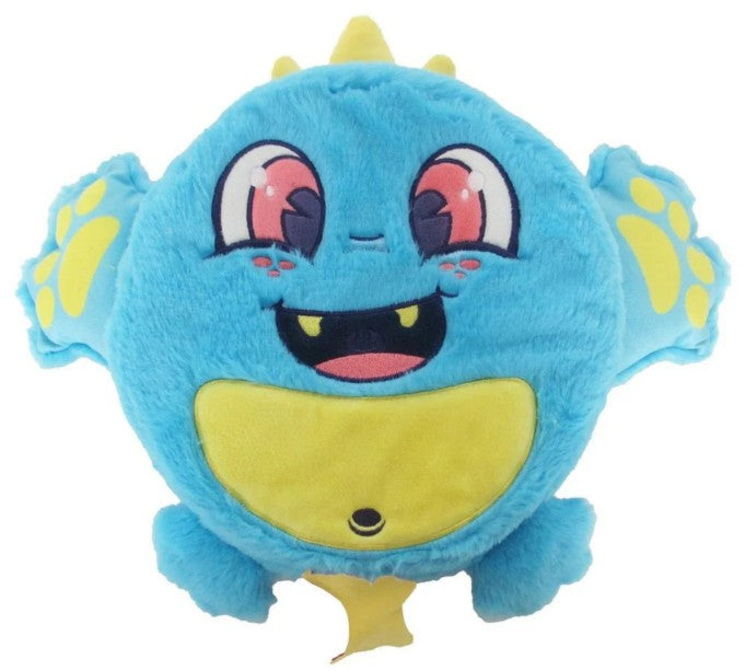 Meet the 10" Fart Monsters: Tootles from Scentco—a round, blue plush monster with big pink eyes, yellow paw prints on its arms, a cheerful expression with tiny fangs peeking out, and a bright yellow belly. This adorable scented plush is infused with a sweet raspberry candy aroma, making it even more delightful to cuddle.