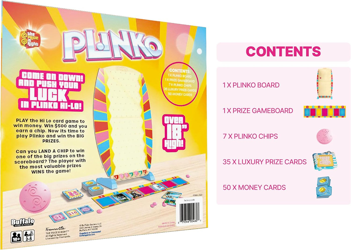 The Table Top PlinKo box from Buffalo Games showcases a vibrant image of the Plinko-style game, including prize cards, chips, and a detailed contents list. Ideal for family game nights, this exciting tabletop game stands over 18 inches tall and is designed for ages 10 and up.