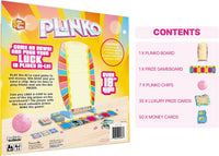The Table Top PlinKo box from Buffalo Games showcases a vibrant image of the Plinko-style game, including prize cards, chips, and a detailed contents list. Ideal for family game nights, this exciting tabletop game stands over 18 inches tall and is designed for ages 10 and up.