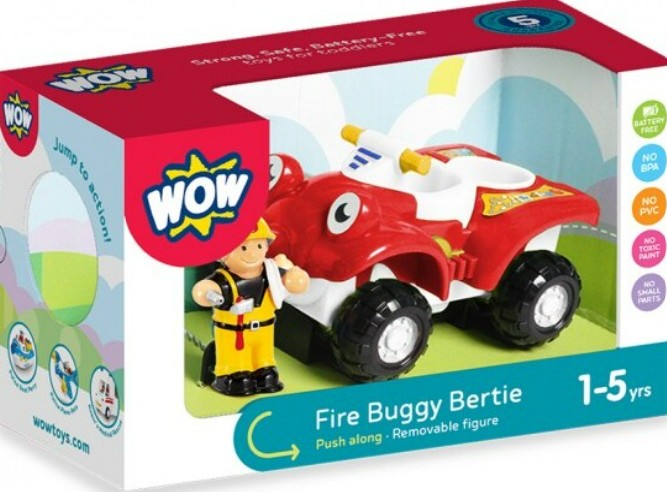 Smart Toys' Fire Buggy Bertie is a boxed set for ages 1-5, featuring a red fire rescue vehicle and removable firefighter. The packaging promotes imaginative role-play and safe, battery-free fun.