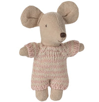 The Maileg Baby Mouse In Carry Cot - Rose is a beige fabric plush toy with big ears in a pink and cream outfit, shown against a white background—ideal for nurturing play or tucking into its carry cot.