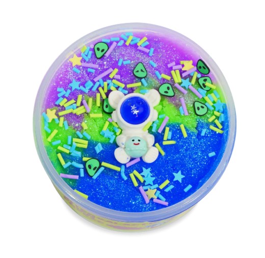Experience out-of-this-world sensory play with the Peachybbies Slime Intergalactic Alien Freeze Slime—a round container filled with vibrant, galaxy-inspired slime, packed with glitter, sprinkles, alien faces, star shapes, and topped with an adorable bear charm.