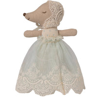 Maileg Baby Mouse In Gown - Mint by Maileg, dressed in a mint gown with lace details and a bonnet, shown in profile on a white background.