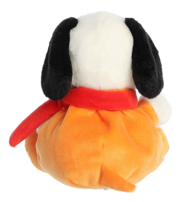 A 5" Astronaut Palm Pals plush toy by Aurora, featuring black ears, a white head, an orange body, and a red scarf, is shown from the back on a white background—this delightful plush is ready for interstellar adventures.