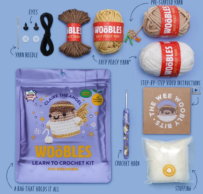 The Woobles Claire the Angel Crochet Kit for beginners includes yarn, crochet hook, yarn needle, stuffing, safety eyes, step-by-step instructions, and a purple storage bag—the perfect starter kit to learn crochet.