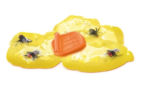 The So Slime Stinky Slime by License 2 Play is a sticky yellow fly trap toy featuring several fake black flies attached to its surface and an orange center, perfect for sensory play with surprise scents that make the experience even more engaging.
