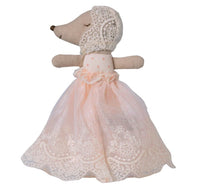 The Maileg Baby Mouse In Gown - Powder by Maileg features a sweet mouse in a pale pink embroidered dress and lace bonnet—perfect for gentle snuggles and nurturing play.