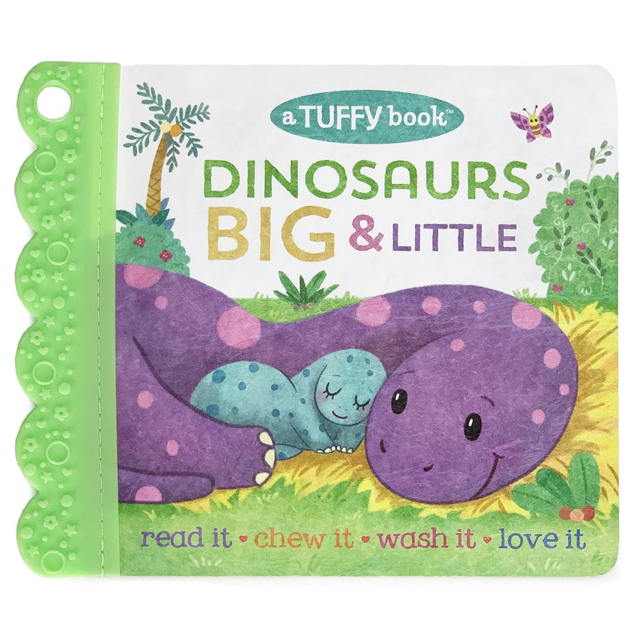 A vibrant children’s book cover for Cottage Door Press’s "Dinosaurs Big & Little (Tuffy Teether Indestructible)" features a large purple dinosaur snuggling a small blue baby dino, with a green textured spine. The cover highlights this delightful teether book as perfect for reading, chewing, and washing.