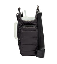 Introducing the Wander Full Brand HydroBag Handle Black: a black, quilted, insulated bag with a zippered front pocket, designed to hold a large cup with a straw and featuring the signature HydroBag handle for easy carrying. The bag is equipped with a wide, adjustable black shoulder strap for added comfort and convenience.