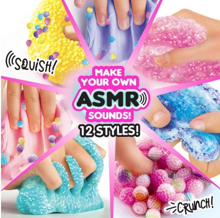 Fingers squish and stretch Craze Sensations ASMR by License 2 Play—colorful, textured slime in a variety of styles—around bold text: “Create Your Own ASMR Sounds! 12 Styles to Try!” Experience satisfying sensory fun as words like “Squish!” and “Crunch!” pop along the sides—ideal for ASMR fans, collectors, or anyone craving a fidget toy experience.