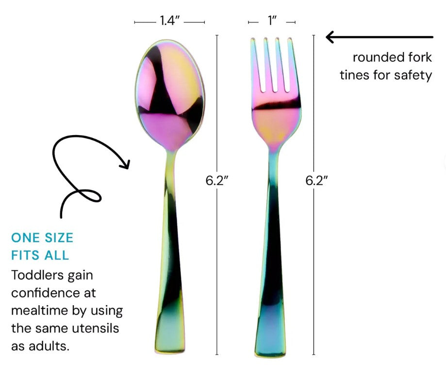 The ahimsa Rainbow Utensil Set includes a 6.2-inch fork (1-inch wide, rounded tines) and spoon (1.4-inch wide), both BPA-free and sized for toddlers learning to use utensils like adults.