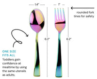 The ahimsa Rainbow Utensil Set includes a 6.2-inch fork (1-inch wide, rounded tines) and spoon (1.4-inch wide), both BPA-free and sized for toddlers learning to use utensils like adults.
