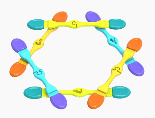 Nockles - Digit by Fun in Motion features six colorful, hinged plastic links—each labeled with a number or symbol—that form a circular shape. Connecting blue, orange, purple, teal, and yellow segments, this engaging sensory toy is designed for stress relief.