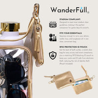 Introducing the Clear Stadium HydroBag Gold by Wander Full Brand—a stadium-approved clear bag with gold trim, featuring a dedicated water bottle compartment that fits sunglasses, a flask, and other essentials. It also includes a gold RFID-blocking ID pouch. Product features are listed to the right.