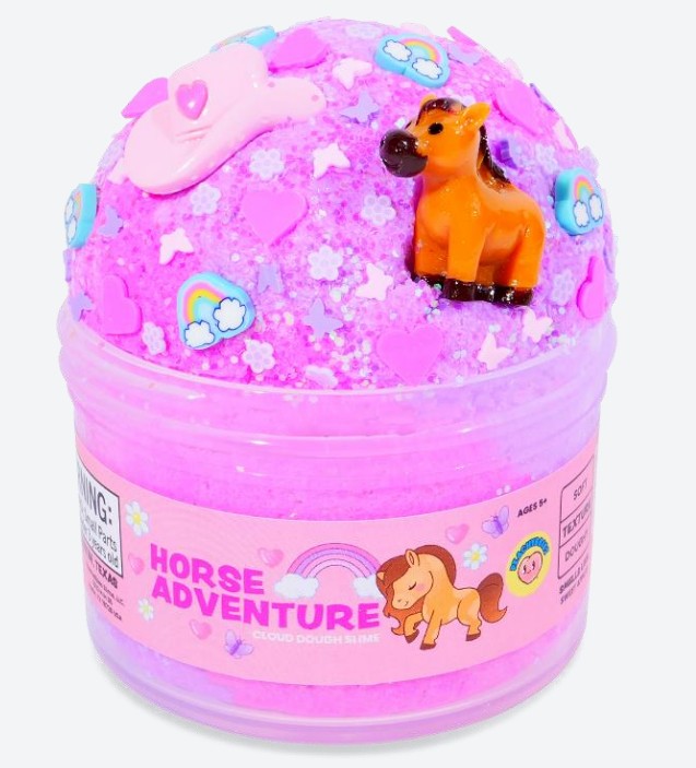 Introducing Peachys Horse Adventure Slime by Peachybbies Slime—a jar filled with pink cloud dough, heart and cloud decorations, and a mini toy horse inside. Perfect for outdoor imaginative play or as a collectible slime for horse enthusiasts!.