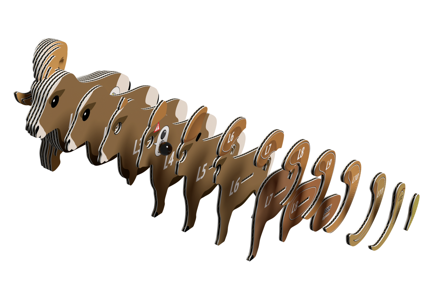 A series of numbered, stylized pieces form the shape of a bighorn sheep, resembling a 3D puzzle with each segment numbered 1 to 17—an engaging STEM craft and eco-friendly toy for creative minds from Eugy’s EUGY Bighorn 3D Puzzle.