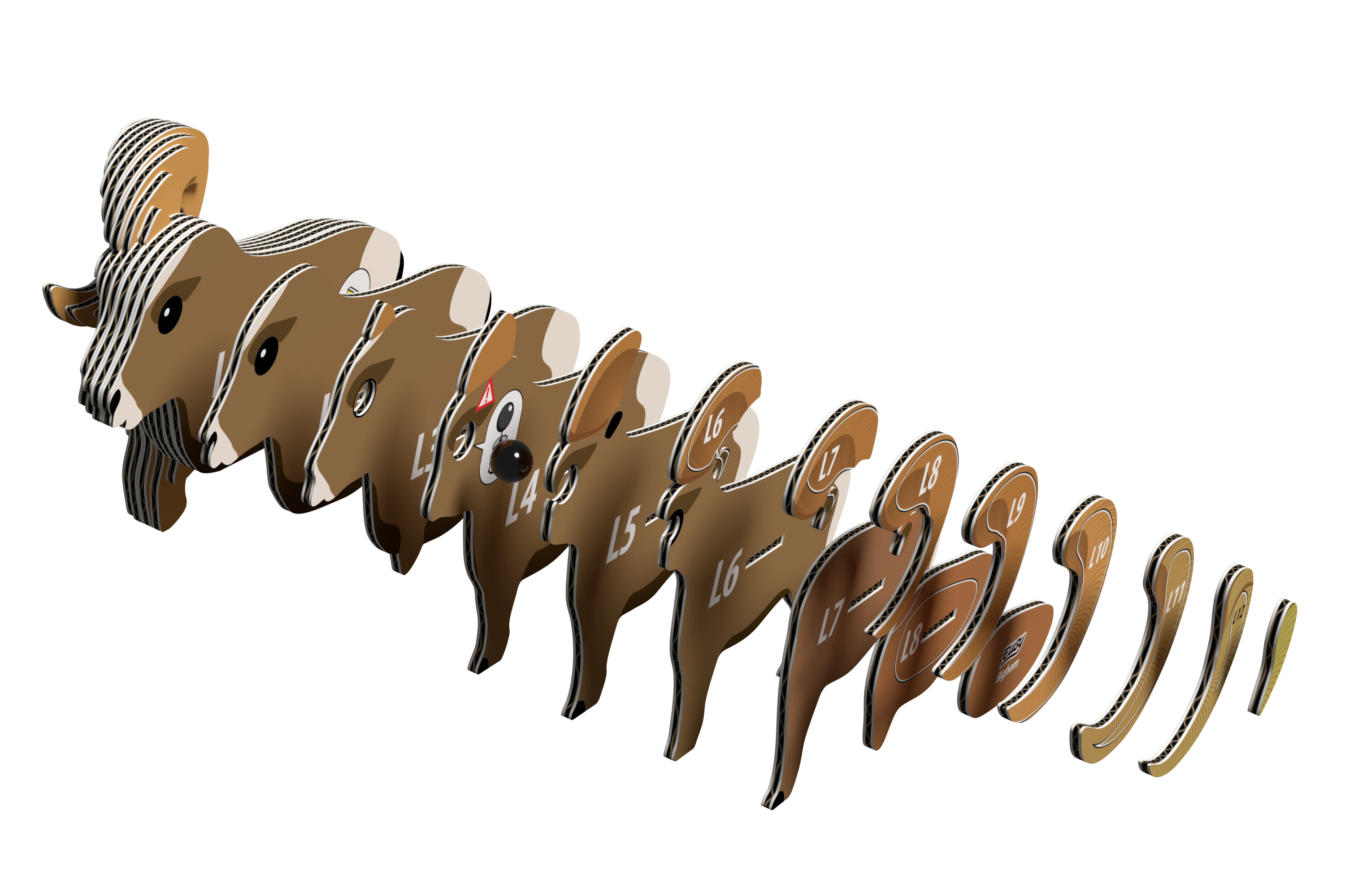 A series of numbered, stylized pieces form the shape of a bighorn sheep, resembling a 3D puzzle with each segment numbered 1 to 17—an engaging STEM craft and eco-friendly toy for creative minds from Eugy’s EUGY Bighorn 3D Puzzle.