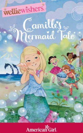 The cover of Yoto American Girl: WellieWishers Whimsical Adventure shows a blonde girl in a mermaid outfit with friends by the shore, perfect for fans of WellieWishers stories, featuring the Yoto and American Girl logos.
