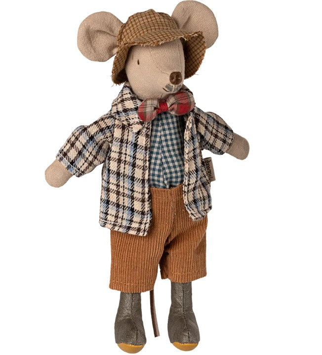 The Maileg Granddad Mouse by Maileg is a stuffed toy dressed in a brown checkered hat, plaid jacket, red bow tie, blue checkered shirt, brown corduroy pants, and brown boots standing upright on a white background.
