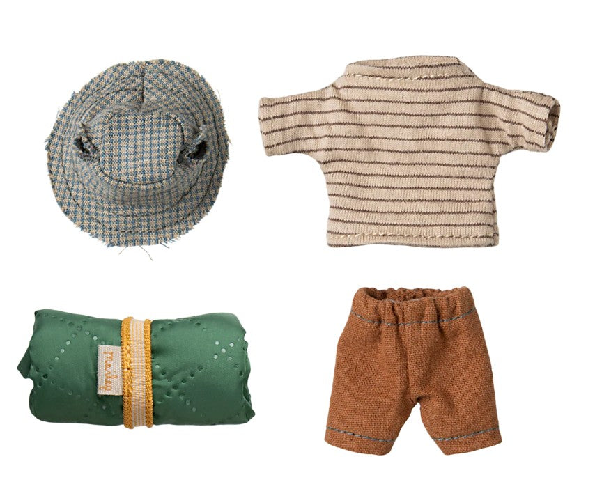 Maileg Hiker Mouse, Big Brother - Thin Stripes by Maileg comes with a green plaid hat, beige striped shirt, rolled-up green sleeping bag with yellow strap, and brown shorts—ideal accessories for camping-themed play.