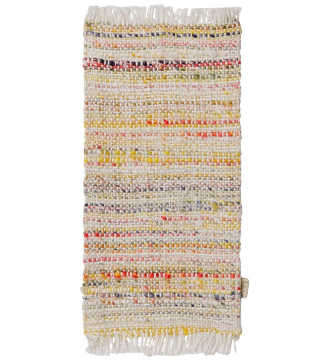 The Maileg Rug, Miniature, Medium - Multi stripe by Maileg features a rectangular woven design with vibrant multicolored horizontal stripes—primarily in white, yellow, red, and orange—and fringed edges on the shorter sides. Perfect for a Maileg dollhouse, this miniature rug brings cheerful charm to any tiny space.
