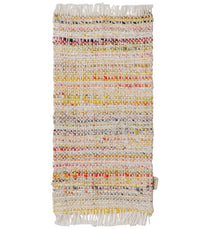 The Maileg Rug, Miniature, Medium - Multi stripe by Maileg features a rectangular woven design with vibrant multicolored horizontal stripes—primarily in white, yellow, red, and orange—and fringed edges on the shorter sides. Perfect for a Maileg dollhouse, this miniature rug brings cheerful charm to any tiny space.