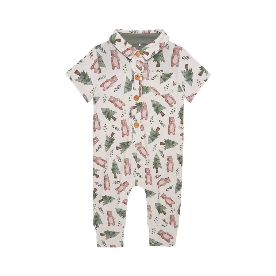 Beary - Short Sleeve Collared Henley Long Romper |  | Safari Ltd®