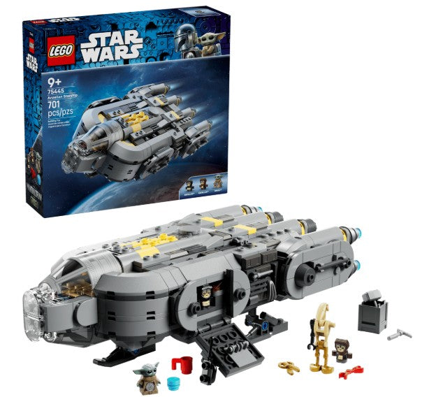 Introducing the LEGO 75445 Anzellan Starship set by LEGO—a detailed buildable starship in gray, complete with mini-figures including Grogu and the Mandalorian, plus fun accessories. The set comes in a box that’s displayed in the background, marked with 971 pieces, recommended for ages 9 and up. This exciting LEGO Anzellan Starship is ideal for fans craving an authentic Star Wars building experience.