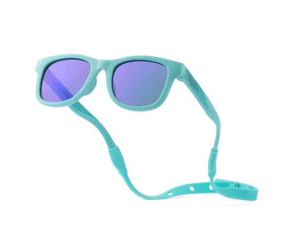 Baby Sunnies Sky Blue Kids Polarized Sunglasses, designed for ages 3-8 with UV400 protection, featuring purple polarized lenses and an attached adjustable matching strap, displayed on a white background.