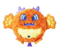 The 10" Fart Monsters: Juicy (Orange Juice) plush toy from Scentco features a round, orange body with purple horns, blue eyes, a large yellow mouth, wing-like arms adorned with paw prints, and small yellow feet—making this cuddly monster look especially delightful against a white background.